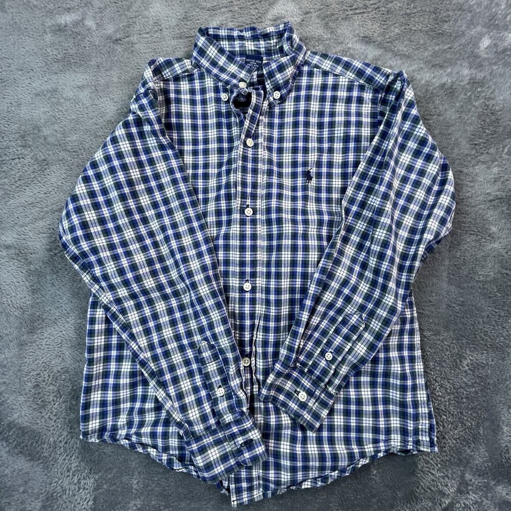 Ralph Lauren Shirt Boys 7 Tartan Plaid Blue Long Sleeve Button Up Cotton Collar